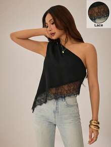 SHEIN PETITE 女款蕾絲拼接休閒百搭日常穿搭露肩上衣，適合嬌小女性 - 黑色 - 查看 6
