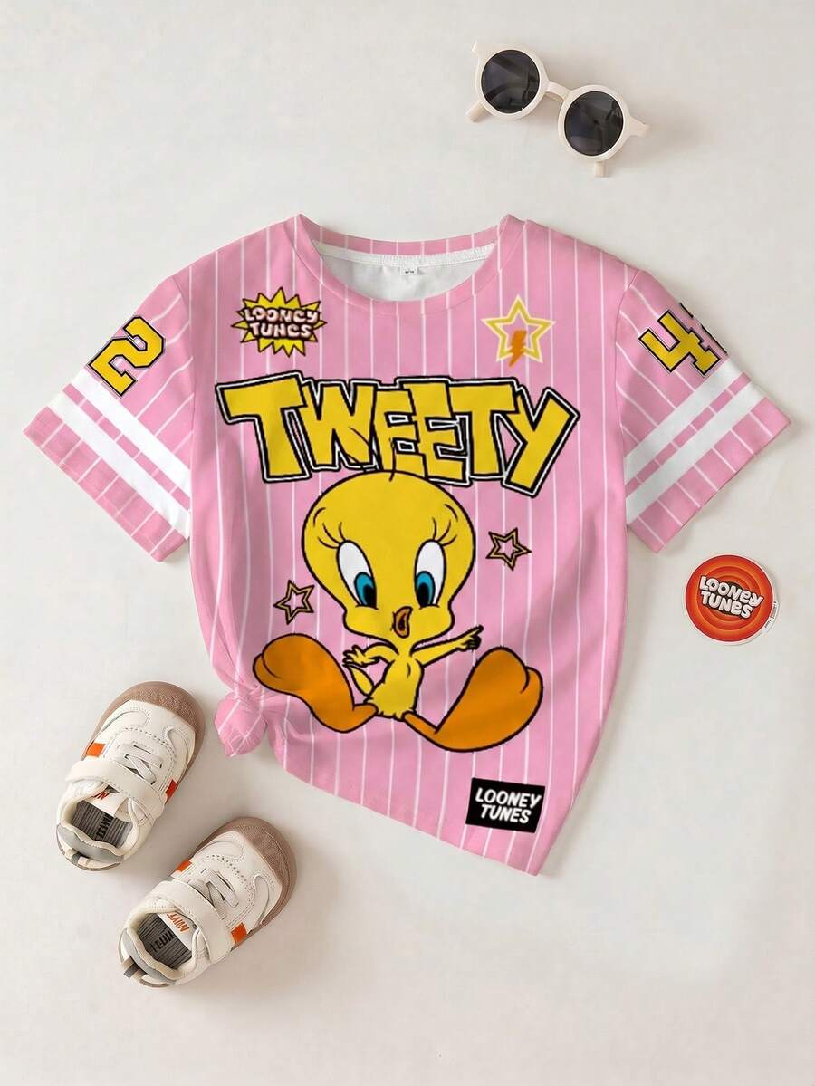 LOONEY TUNES X SHEIN Tween Girls' Striped Letter & Cartoon Print Casual Versatile Daily Wear Short Sleeve T-Shirt - White - View 1