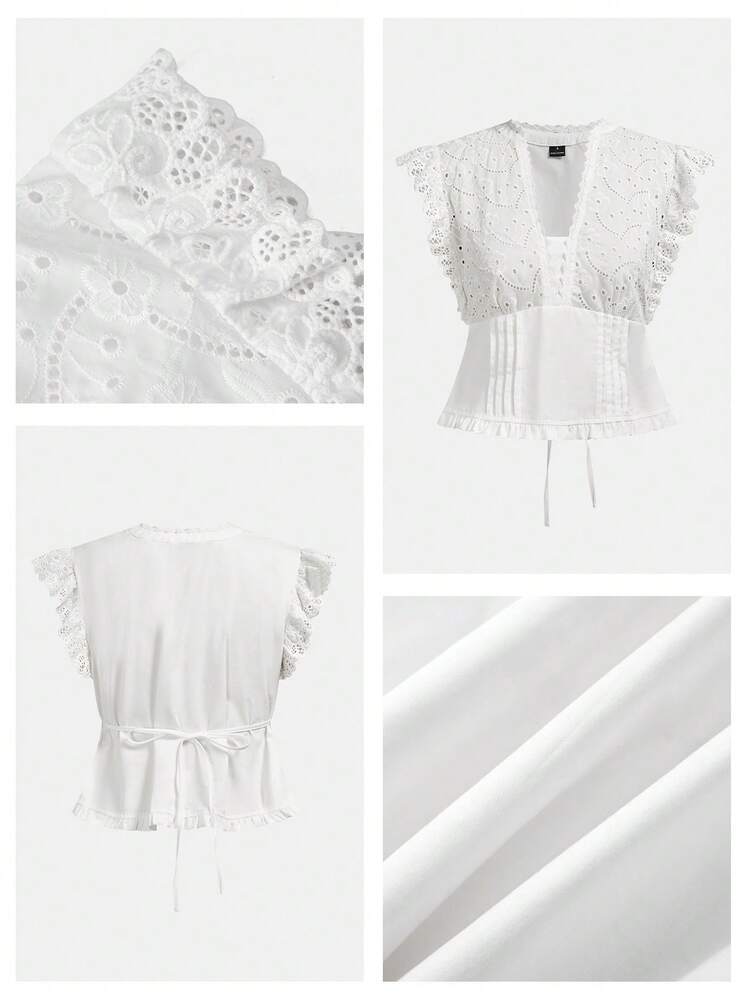 SHEIN Maija White Eyelet Embroidery Sleeveless Blouse With Ruffle Hem, Casual Resort Wear For Summer Festa Junina São João Country Vacation
