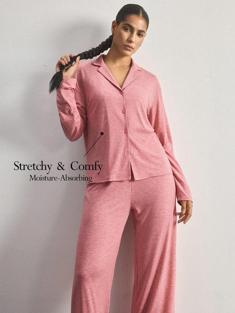 Ocili Set Piyama Motif Bunga Lembut dengan Kerah, Atasan Lengan Panjang dan Celana untuk Wanita - Dusty Pink - View 1