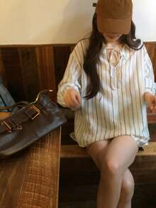 DAZY Women's Striped Elegant Spring/Summer Airy Versatile Long Sleeve Shirt - Apricot - View 10