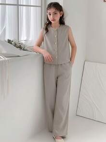 Hapijoa 2pcs Tween Girl Girls Lightweight Top And Pants Set, Summer - Apricot - View 5