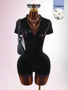 Amplova Rompi Mini Wanita Katun Murni dengan Resleting Depan dan Huruf Inggris, Pas Badan, Model Jumpsuit - Biru - View 4