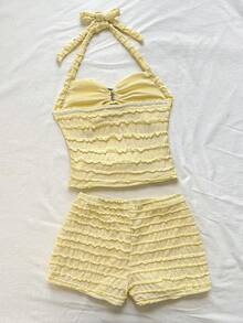 SHEIN 青少年女孩夏季棕色系紋理針織布料休閒熱帶海灘度假抽褶掛脖上衣與短褲2件套 - 黃色 - 查看 3