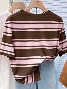 Resyla Casual Everyday Wear, Brown & Pink Striped Loose Women Round Neck Short Sleeve T-Shirt - Multicolor - View 2