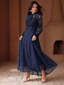 Anewsta Robe maxi élégante style cour mode avec décoration de perles et perles, col montant petit, manches longues légèrement transparentes, robe chemise pour femmes, printemps, été, festival, remise des diplômes, élégante, tenue de la Saint-Valentin - Bleu marine - Voir 7
