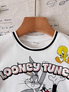 LOONEY TUNES X SHEIN Áo thun cổ tròn tay ngắn cho bé trai. - trắng - Xem 3