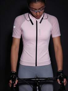 Powerista Women's Summer Mesh Patchwork Raglan Sleeve Zipper Cycling Jersey Top - Baby Pink - View 9