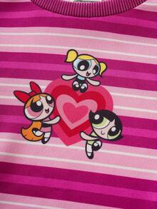 THE POWERPUFF GIRLS X SHEIN 1件女童休闲圆领条纹卫衣，适合外出和日常穿着 - 彩色 - 查看 3