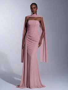 Elitara Dusty Pink Summer Elegant Formal Prom Wedding Bridesmaid Dress,Chiffon Strapless Shaping Mermaid Pleated Side Draped Detachable Multi-Way Wear Gown - Dusty Pink - View 4