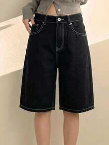 DAZY Solid Color Loose Button Decor Cuffed Hem Straight Leg Black 5/8 Length Denim Jeans - Black - View 4
