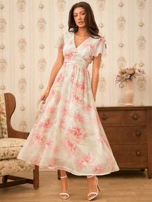 Levarali V-Neck Elegant Ruffle Hem Floral Print Waist Cinched A-Line Midi Dress, Romantic For Wedding Tea Party Mother Of The Bride Off-White Summer - Multicolor - View 8