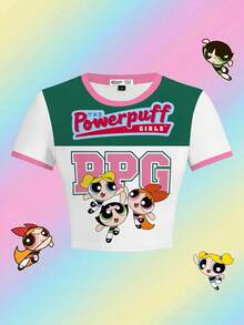 THE POWERPUFF GIRLS X SHEIN 圆领短袖紧身短款撞色饰边领夏季休闲卡通可爱趣味运动芭蕾舞风格复古花朵、泡泡、毛茛图案全覆盖紧身女式T恤 - 白色 - 查看 1
