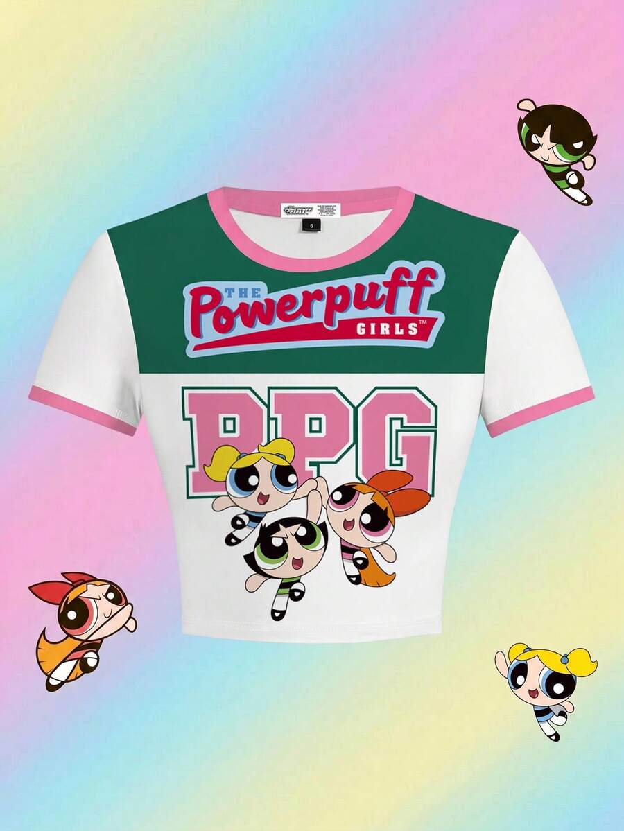 THE POWERPUFF GIRLS X SHEIN 圆领短袖紧身短款撞色饰边领夏季休闲卡通可爱趣味运动芭蕾舞风格复古花朵、泡泡、毛茛图案全覆盖紧身女式T恤 - 白色 - 查看 1