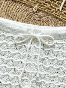 Soleia Knitted Crochet Drawstring Hollow Out Slim Fit Bow Shorts - White - View 4