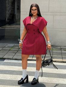 Maweii Plus Size Women's Burgundy Striped Lapel Collar Dress, Sleeveless Waist-Defining Slimming Short Blazer Dress, Suitable For Office Commute, Business Meetings, Mature Dating, Burgundy Fine Stripes With Vintage High-End Feel, Large Lapel Design For Crisp And Elegant Look. - Multicolor - View 6