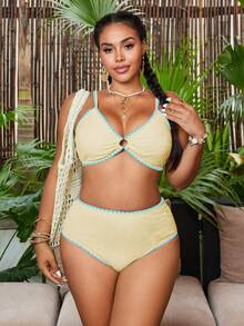 Swim Chiccia 大尺碼女款 2 件式純色紋理面料抓皺細肩帶分體時尚休閒泳衣套裝 - 淡黃色 - 查看 5