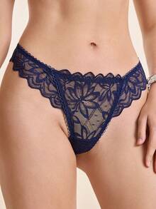 Hourtrue 1 Set Women's Solid Color Lace Underwire Bra Set, Sexy & Mature - Blue - View 9