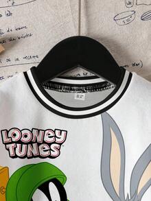 LOONEY TUNES X SHEIN Áo nỉ cổ tròn họa tiết hoạt hình phối màu phong cách thường ngày cho bé trai, thích hợp cho mùa thu. - trắng - Xem 3
