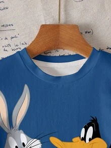 LOONEY TUNES X SHEIN Áo thun ngắn tay cổ tròn in chữ và hoạt hình dành cho bé trai - trắng - Xem 3