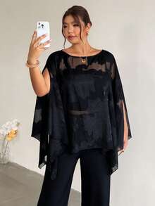 Firerie Blus Elegan Modis Lengan Jubah Potongan untuk Wanita Ukuran Plus, Cocok untuk Musim Gugur. - Hitam - View 5
