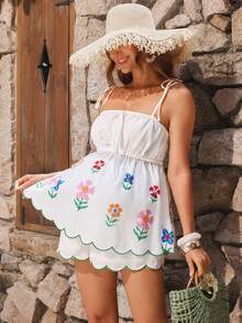 SHEIN Maternity Camisole Tie-Up Ruched Floral Print Top And Shorts 2 Pieces Set Summer Outfit Vacation Outfits Country Clothing White Photoshoot - Multicolor - View 8