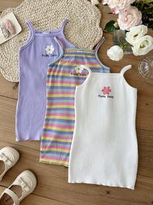 LMoss Kids Baby Girl Knitted Solid Color Striped Floral Pattern Camisole Dress 3pcs Set - Multicolor - View 3