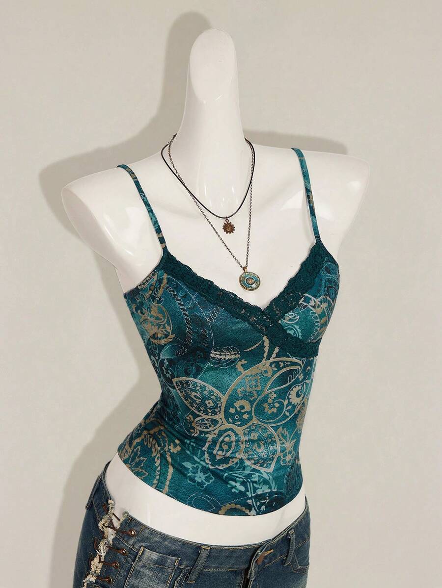 SHEIN ICON 女款貼身蕾絲拼接印花細肩帶背心 - 藍色 - 查看 1