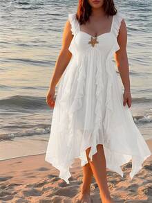 SHEIN MOD Vestido Maxi de Talla Grande con Decoración de Estrella de Mar de Metal, Bajo con Volantes y Gasa - Blanco - Ver 6