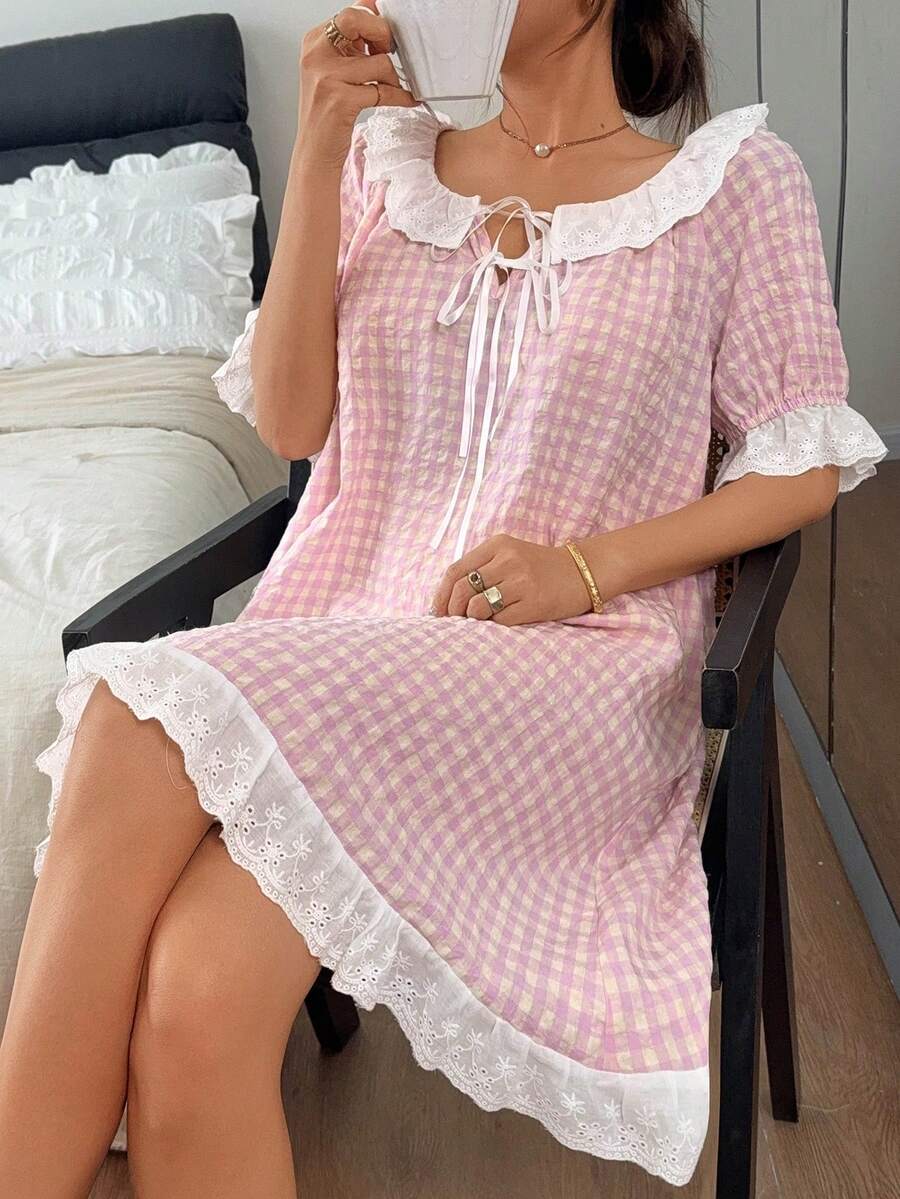 Livesso 女士甜美可爱格子印花撞色荷叶边系带宽松睡裙，夏季 - 粉色 - 查看 1