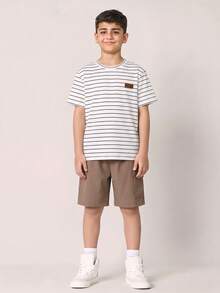 SHEIN Tween Boy Striped Patchwork Color Block Short Sleeve T-Shirt And Shorts Casual Daily Set - White - View 3
