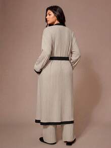 Lazeform Plus Size Contrast Color Robe & Cami Top & Pants Set, Fall & Winter Clothes Sleep Wear, Loose, Cozy Outfit - Apricot - View 2