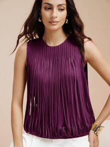 Arave Women's Summer Round Neck Sleeveless Solid Color Pleated Tassel Fashion Top Night Out Plum Purple Elegant - Burgundy - View 6