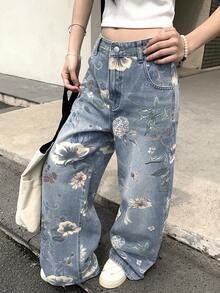 DAZY 女士休闲印花宽松阔腿牛仔裤，适合度假和日常通勤 - 淺色水洗藍 - 查看 4