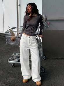DAZY Solid Color Loose Button Decor Cuffed Hem Straight Leg Jeans - White - View 6