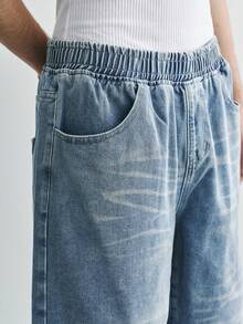Sonviro Men's Light Blue Casual Elastic Waist Wide Leg Denim Shorts - Light Wash - View 3
