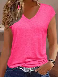 Selianne Women's Solid Color Versatile V-Neck Fashion T-Shirt For Travel And Outings - Hot Pink - View 3
