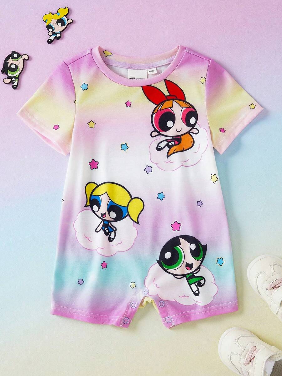 THE POWERPUFF GIRLS X SHEIN Baby Girl Round Neck Short Sleeve Romper - Multicolor - View 1