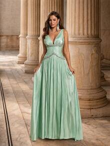 Glamrae Elegant Green Organza Fabric Rhinestone Chain Decor Bustier Ultra-Full Skirt Party Dress Wedding Guest Dress Bachelorette Dress Formal Evening Gown - Green - View 8