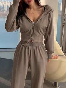 DAZY Women's Two-Piece Sweatshirt And Pants Set With Dual-Ended Zipper Tracksuits Women Set Hoodie Lounge Sets For Women - Brown - View 5