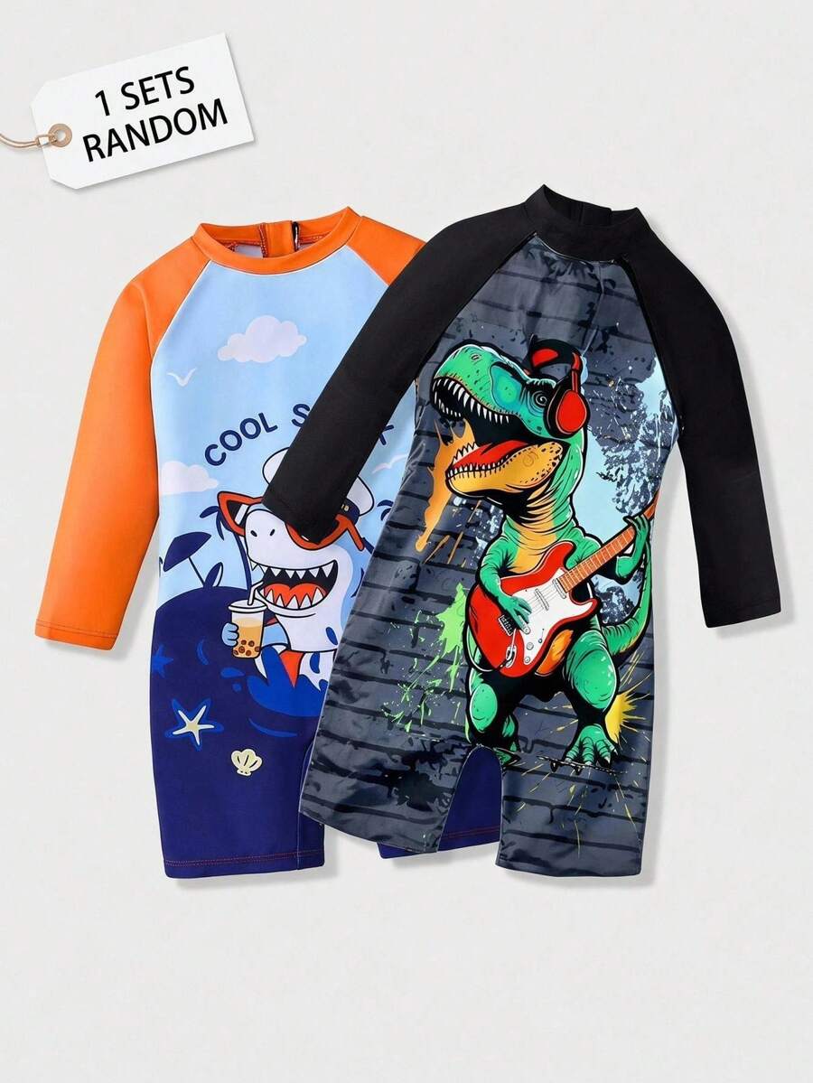 SHEIN Young Boy Letter Cartoon Pattern Long Sleeve Romper Swimsuit, Suitable For Beach Vacation, Pool Party, Beach Party - Black - View 1
