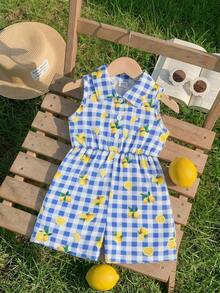SHEIN 女嬰休閒格紋檸檬印花連身褲 春/夏 - 藍色 - 查看 3