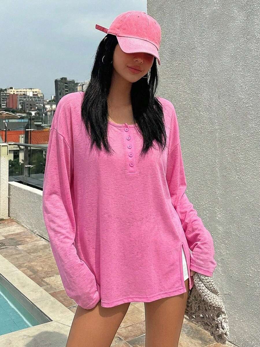DAZY 女款純色落肩長袖鈕扣設計遮陽罩衫 度假風 - 粉色 - 查看 1