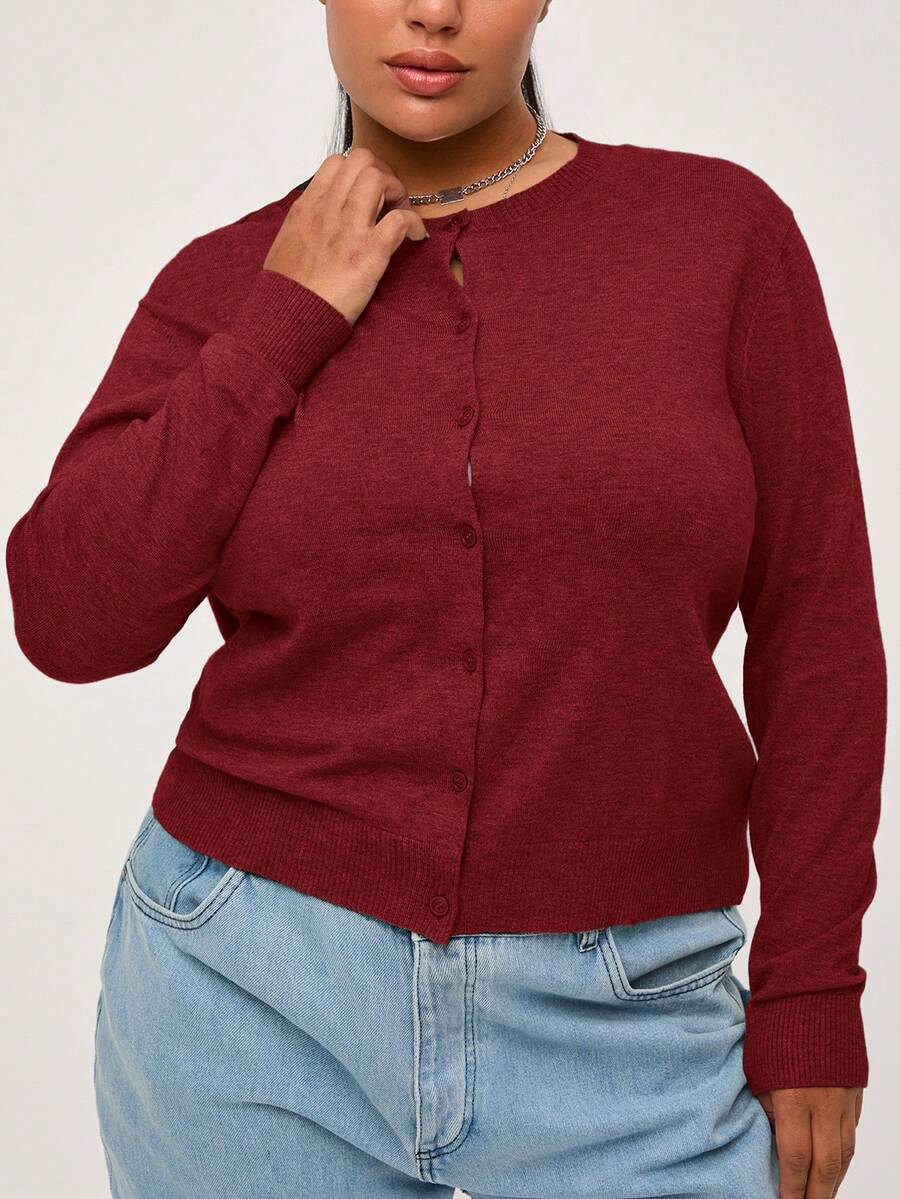 SHEIN BASICS 素色休閒傳統優雅長袖大尺碼開襟衫，適合秋季商務辦公正式場合與俱樂部，酒紅色，教師節適用