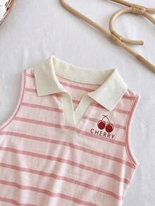 SHEIN 少女針織條紋休閒上衣、背心上衣、夏季、嬰兒、夏季上衣條紋 Polo 衫條紋上衣 - 粉色 - 查看 3