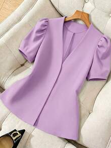 Elenzga Plus Size Women Solid Color Casual Versatile Commuting Blazer - Purple - View 3