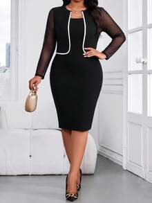 SHEIN Lady CURVE 大尺碼女款拼色休閒派對與旅行洋裝 - 黑與白 - 查看 4