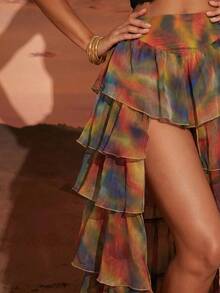 Hauture Women's High Waist Tie-Dye Multi-Layer Ruffle Fashion Skirt - Multicolor - View 5