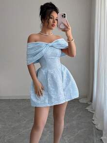 Vestido floral de estilo francés con un solo hombro y lazo en la cintura para mujer, de longitud media, estilo dulce, jacquard rosa, que estiliza y realza la figura. - Azul 2 - Ver 6