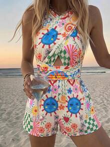 Vivid Eden Women's Vacation Casual Boho All-Over Print Halter Neck Romper Beach Vacation Beige Summer - Multicolor - View 3